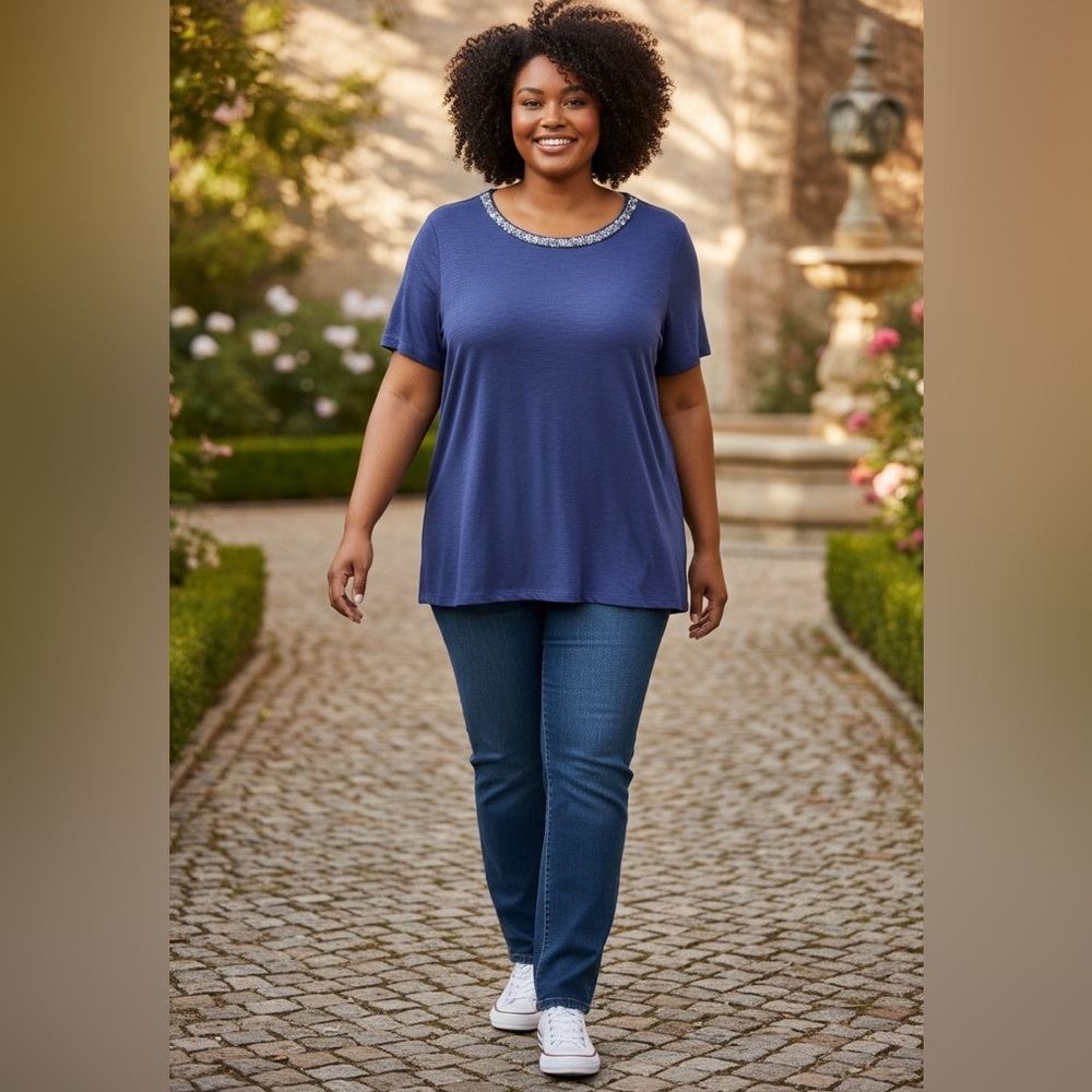 Avenue Blue Sequin Neck Tee Plus Size 18W Short Sleeve Top
